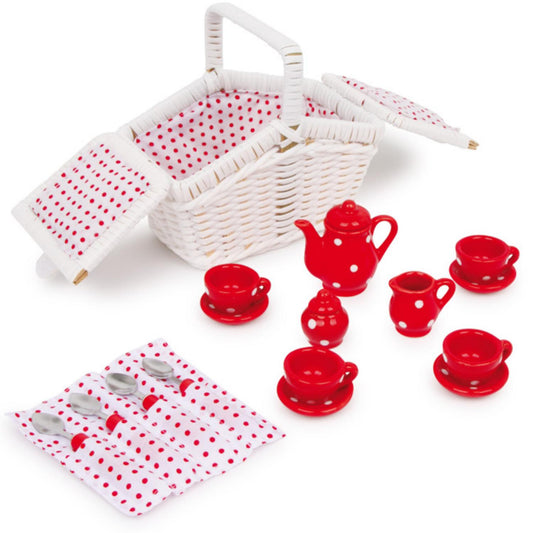 Picnic Basket Ceramic Tea Set | Pretend Play Toy for Children | Front View: Basket Open | BeoVERDE.ie