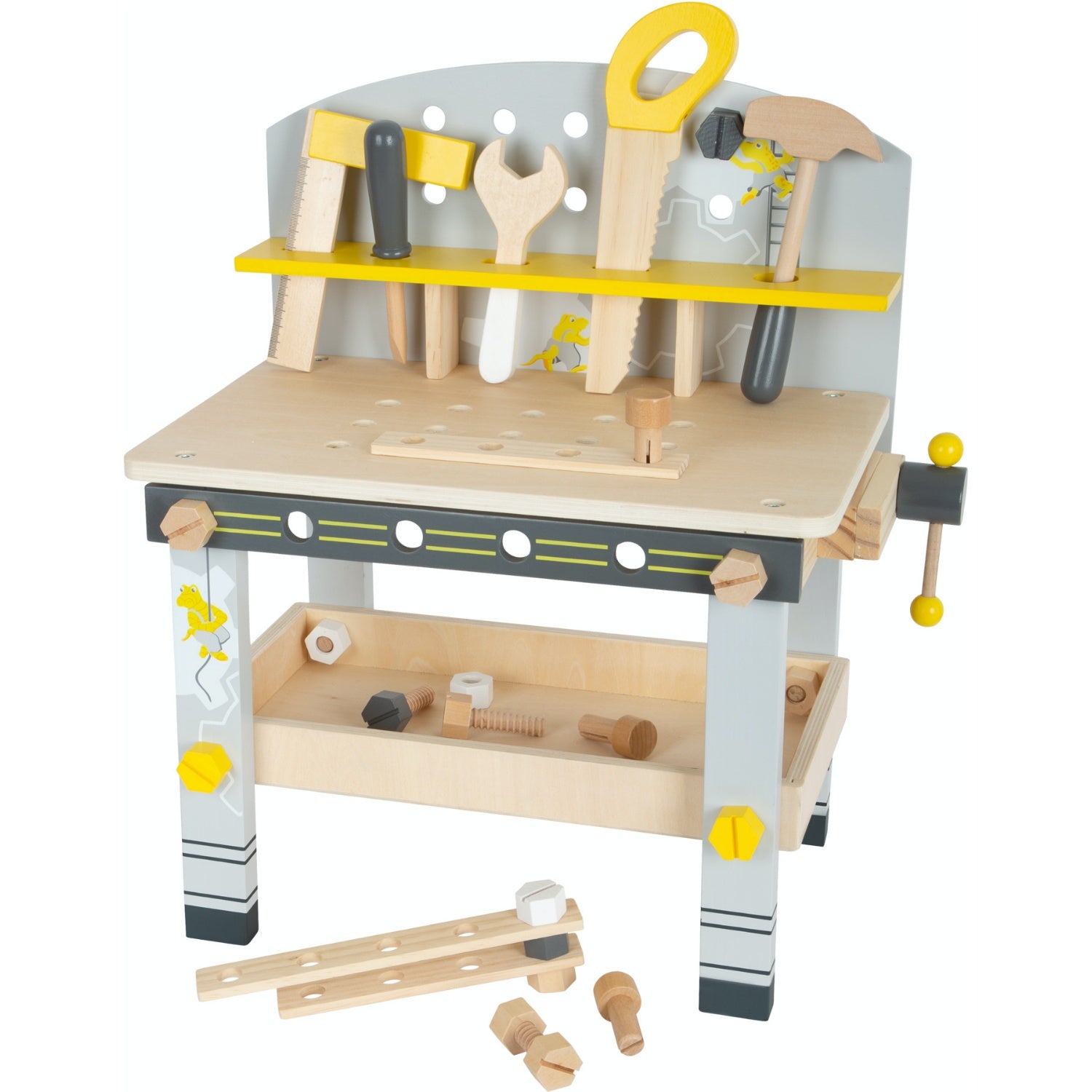 Small Foot Kid’s Tool Bench Set | Wooden Pretend Play Tools & Toy Workbench | Front View – Some Toy Tools on the Ground | BeoVERDE.ie
