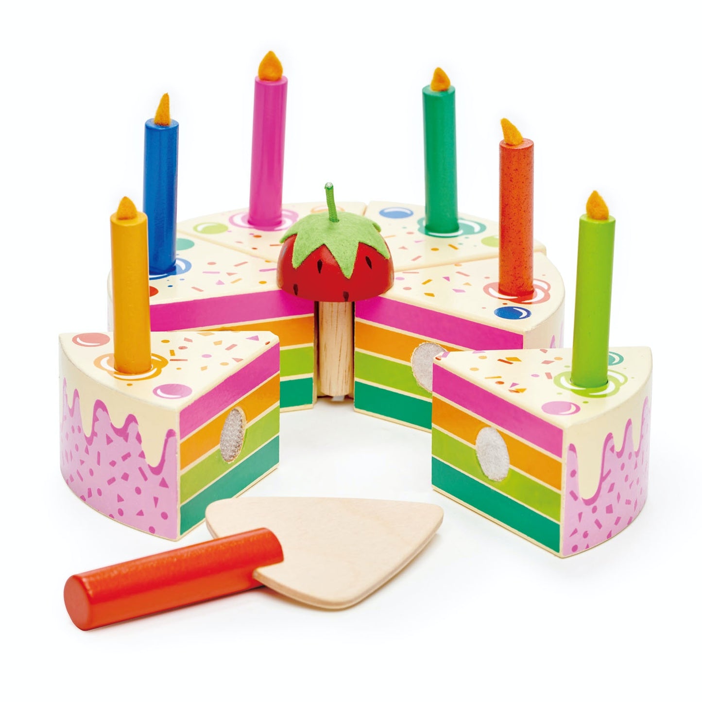 Tender Leaf Toys Rainbow Birthday Cake | Wooden Play Food & Kitchen Toys | Front - Side View | BeoVERDE.ie