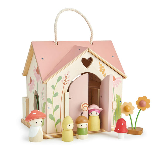 Tender Leaf Toys Rosewood Cottage | Portable Wooden Doll House | Front View | BeoVERDE.ie