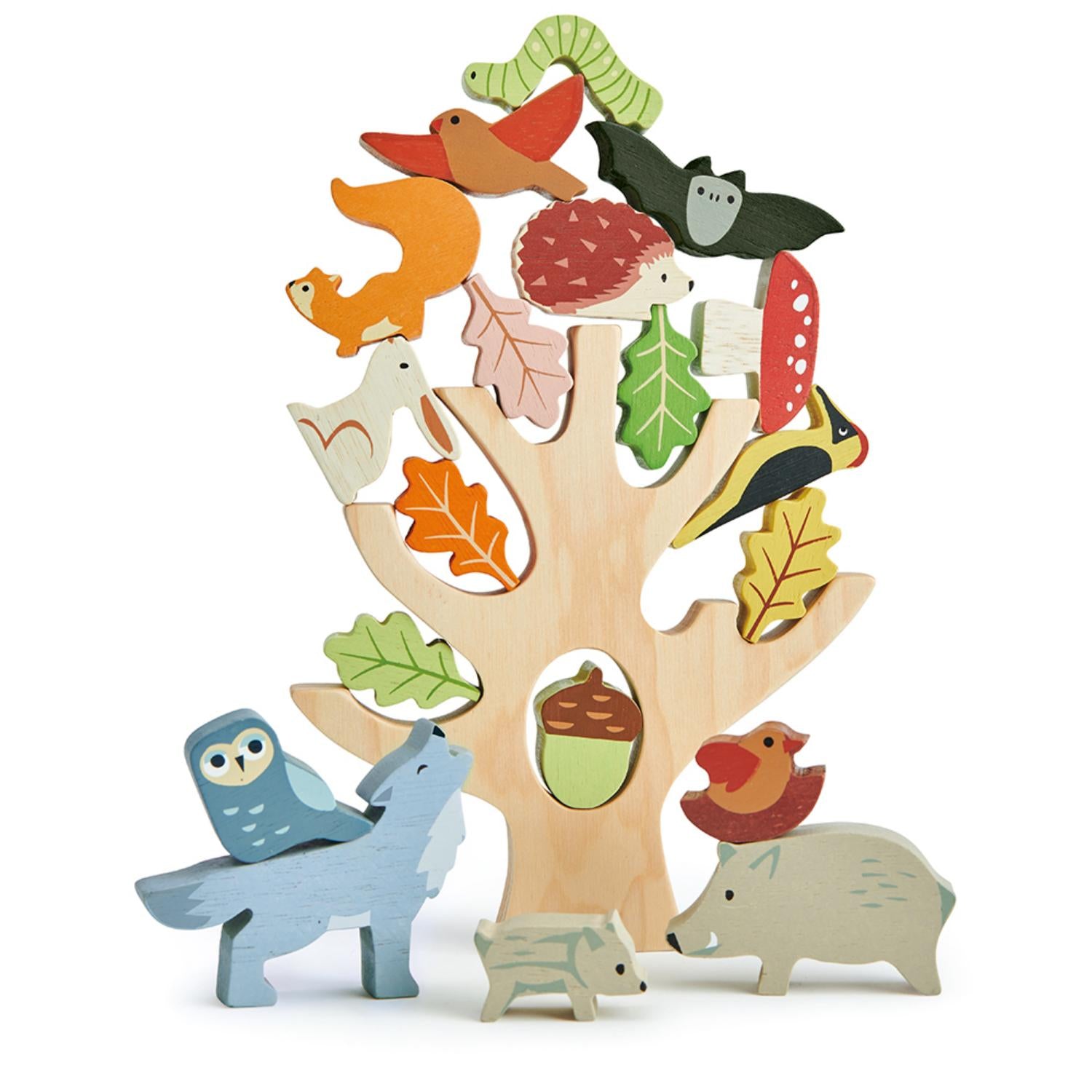 Tender Leaf Toys Stacking Forest | Stacking + Balancing Wooden Toy | Front View All Pieces | BeoVERDE.ie