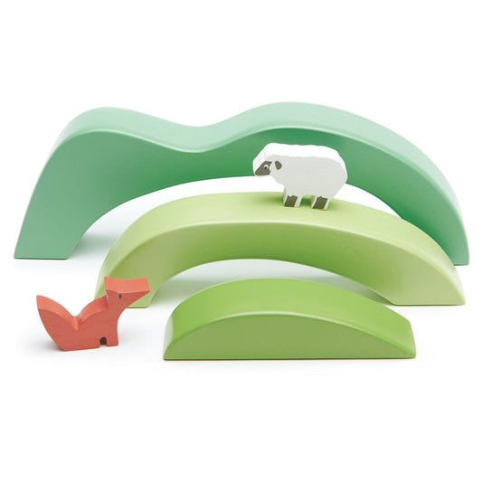 Tender Leaf Toys Green Hills View | Wooden Toy Open-Ended Play Set | Front View All Pieces | BeoVERDE.ie