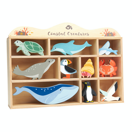 Tender Leaf 10 Coastal Animals & Shelf Set | Hand-Crafted Wooden Animal Toys | BeoVERDE.ie