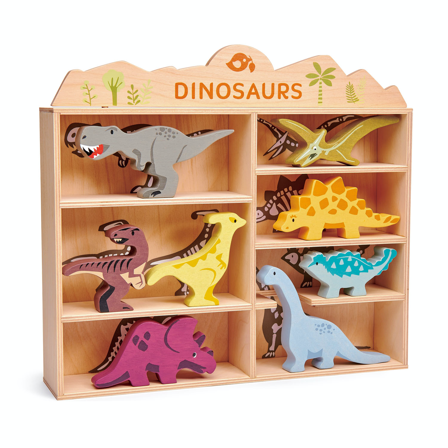 Tender Leaf 8 Dinosaurs & Shelf Set | Hand-Crafted Wooden Animal Toys | BeoVERDE.ie
