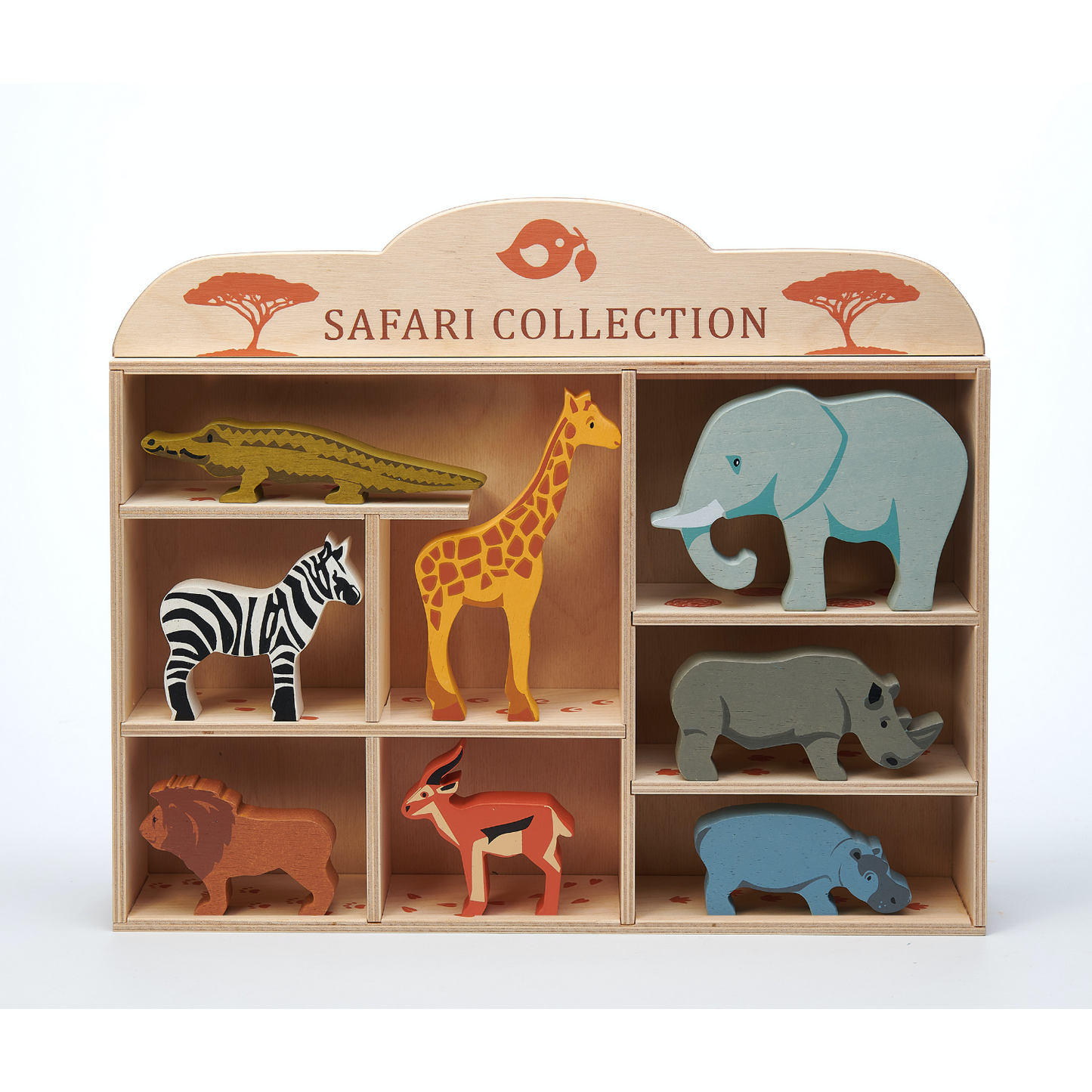 Tender Leaf 8 Safari Animals & Shelf Set | Hand-Crafted Wooden Animal Toys | BeoVERDE.ie