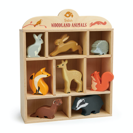 Tender Leaf 8 Woodland Animals & Shelf Set | Hand-Crafted Wooden Animal Toys | BeoVERDE.ie