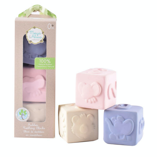 TIKIRI Baby Teether Activity Cubes | Safe Natural Rubber Teething Toys | Front View and Packaging | BeoVERDE.ie