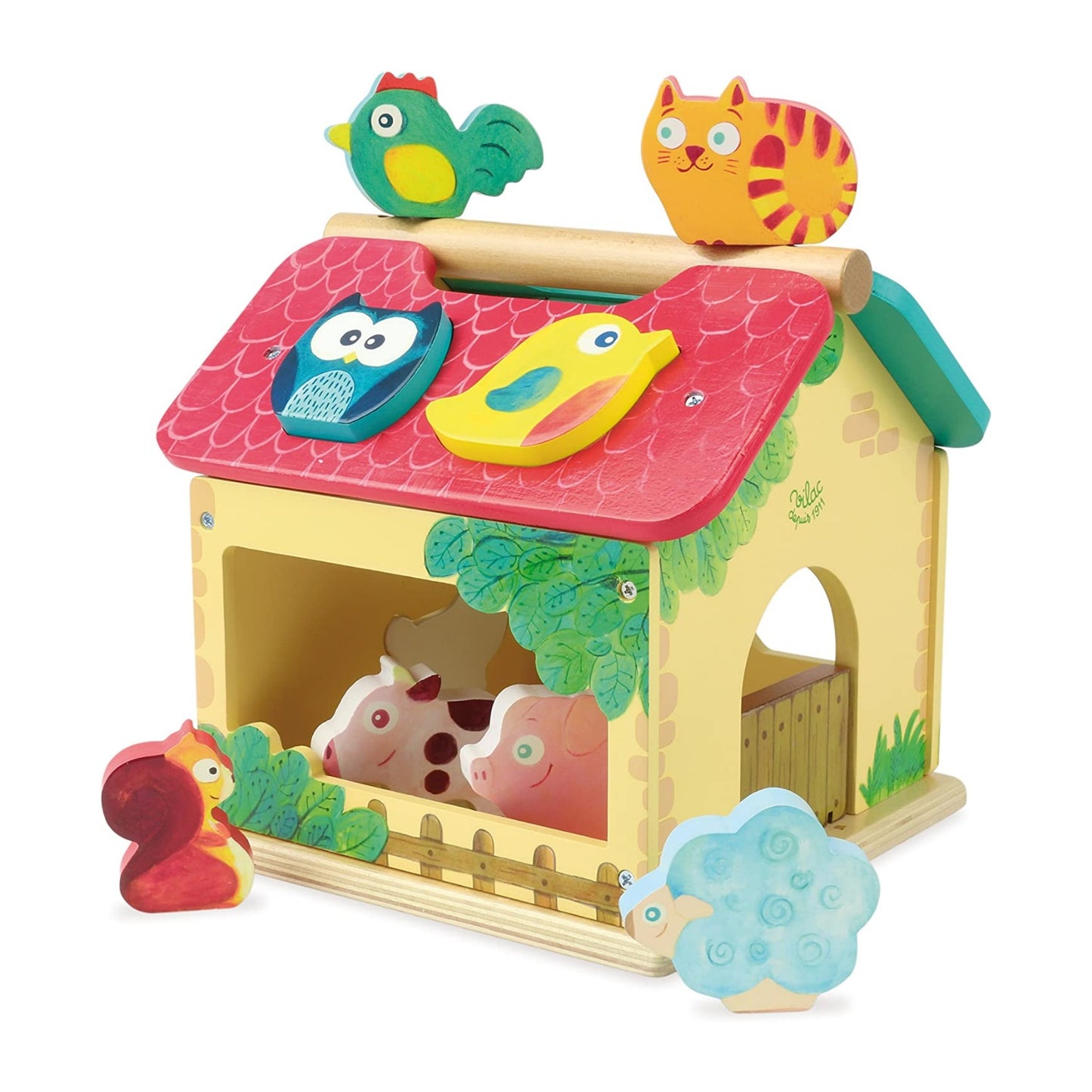 Vilac Farmhouse Shape Sorter with 10 Animals | Wooden Toddler Activity Toy | Side – Red Roof | BeoVERDE.ie
