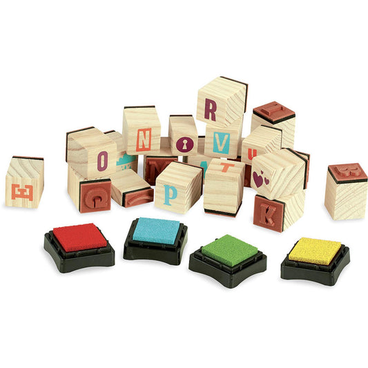 Vilac First Printers ABC Wooden Rubber Stamp Set | Creativity Stamp Set for Kids | Front View – Selection of Stamps and Ink Pads | BeoVERDE Ireland