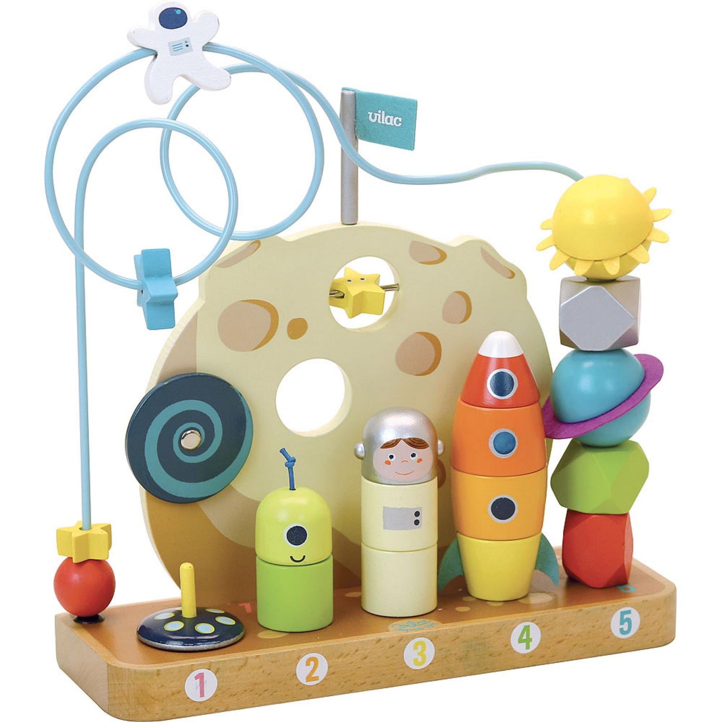 Vilac Galaxy Counting Game - In The Stars | Wooden Toddler Activity Toy | Front View – All Pieces Stack | BeoVERDE.ie