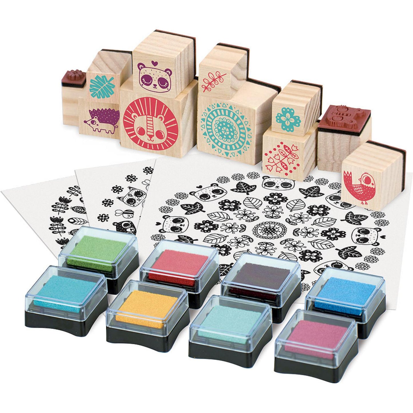 Vilac Mandala Wooden Rubber Stamp Set | Creativity Stamp Set for Kids | Front View – Selection of Stamps and Ink Pads | BeoVERDE Ireland