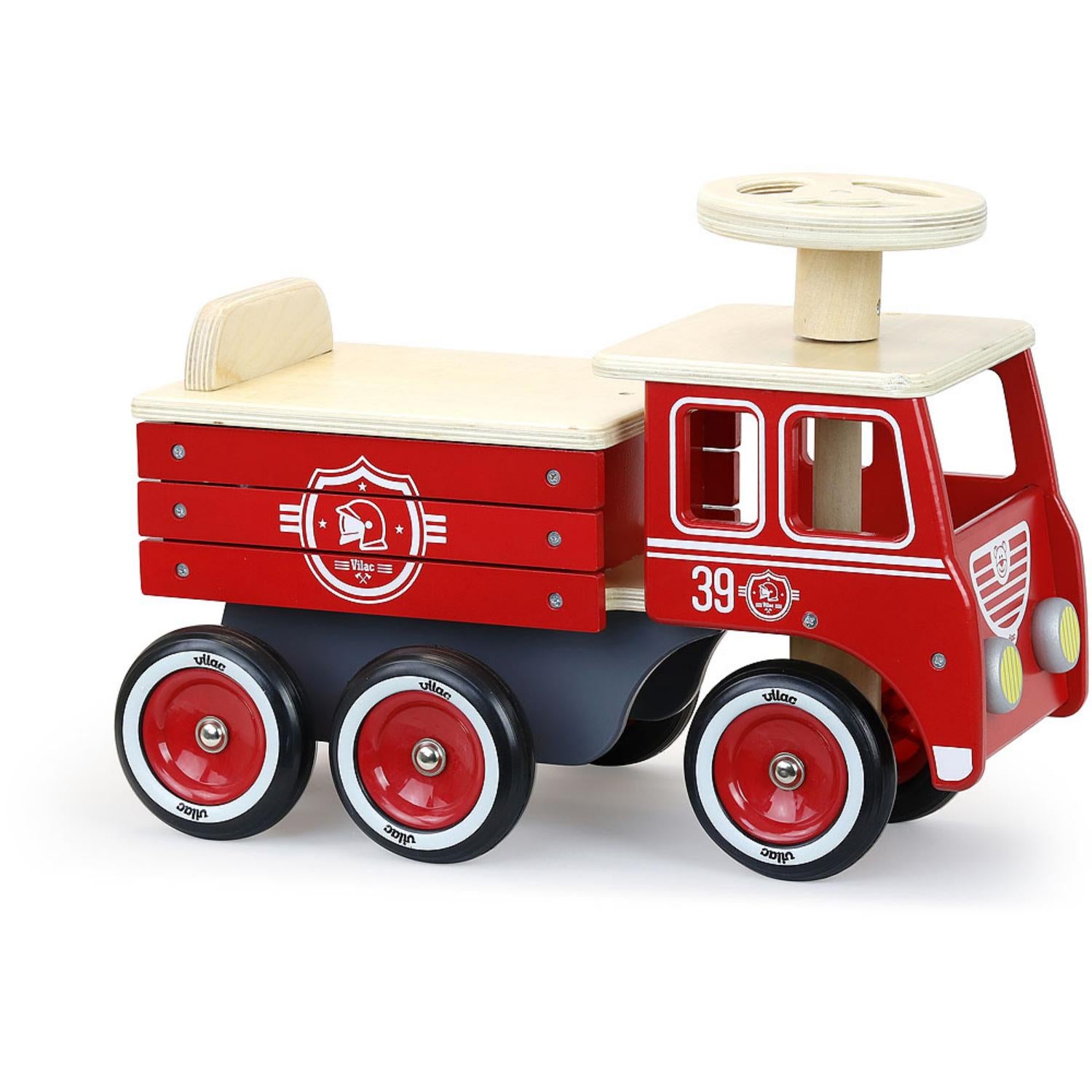 Vilac Ride On Fire Truck | Baby & Toddler Activity Wooden Toy | Side-Front View | BeoVERDE.ie