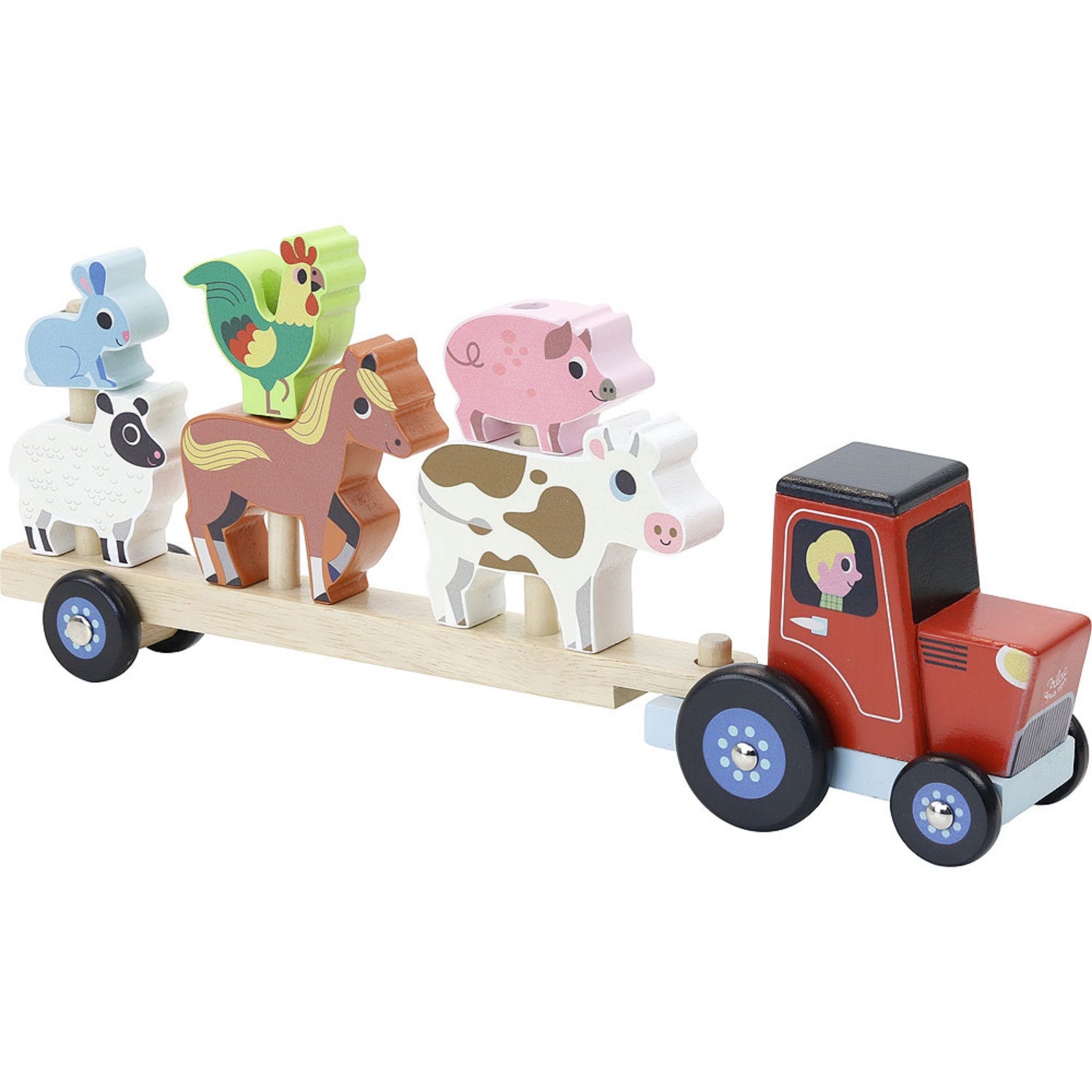 Vilac Stacker Tractor and Trailer with 6 Farm Animals | Wooden Imaginative Play Toy | Side View  - Vehicles on Trailer | BeoVERDE.ie