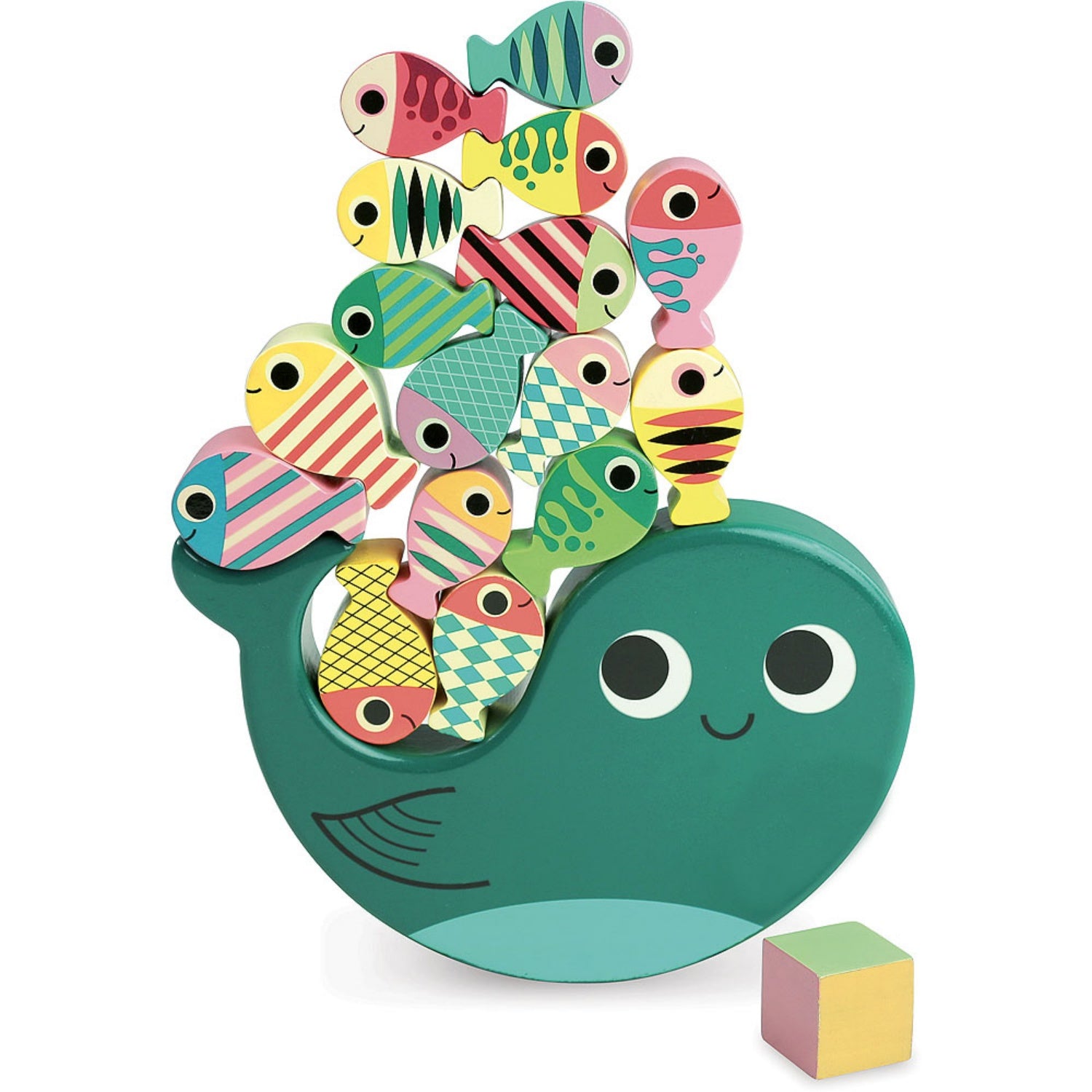Vilac Whaly Balancing Game Designed by Ingela P. Arrhenius  | Hand-Crafted Wooden Toy | Wooden Stacking Balancing Game | Front View – All Coloured Fish on Whaly | BeoVERDE.ie