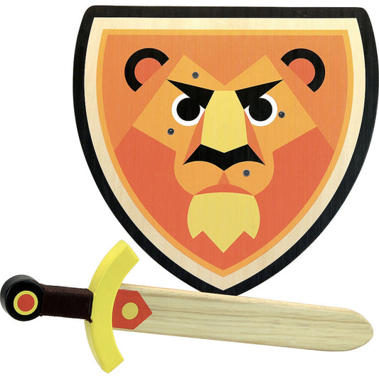 Vilac Wooden Sword and Wooden Shield Set  - Lion | Wooden Pretend Play Toy | Front View | BeoVERDE.ie
