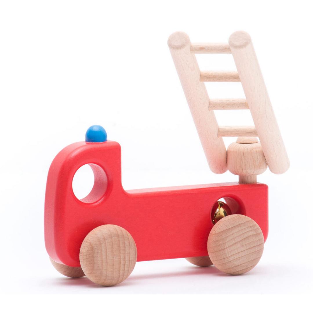 Bajo Fire Engine | Wooden Push-Along for Baby and Toddler | Fire Engine Ladder Raised | Side View | BeoVERDE Ireland