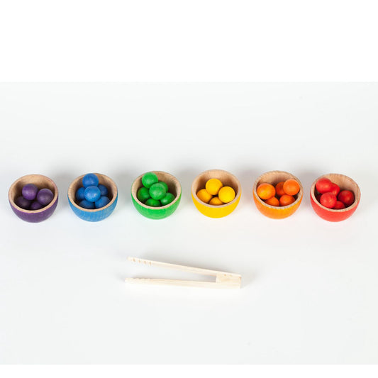 Grapat Bowls & Marbles Set | Wooden Toys for Kids | Open-Ended Play Set | Front View with Wooden Tongs | BeoVERDE.ie