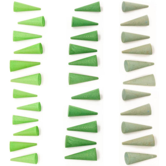 Grapat Mandala Green Cones | 36 Pieces in 3 Shades of Green | Natural Wooden Toys | Front View | BeoVERDE.ie