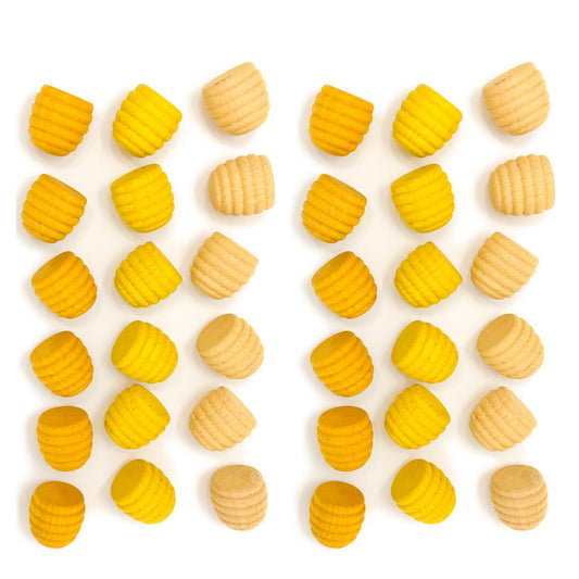 Grapat Mandala Honeycombs | 36 Pieces in 3 Shades of Yellow | Natural Wooden Toys | Front View | BeoVERDE.ie