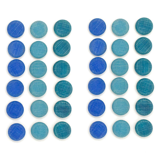 Grapat Mandala Little Coins | 36 Pieces in 3 Shades of Blue | Natural Wooden Toys | Front View | BeoVERDE.ie