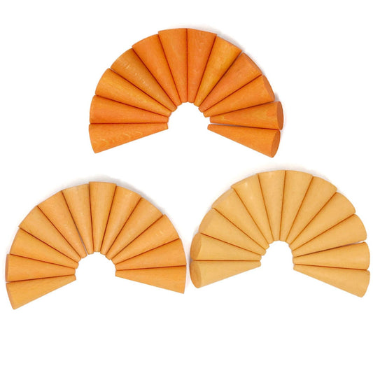 Grapat Mandala Orange Cones | 36 Pieces in 3 Shades of Orange | Natural Wooden Toys | Front View | BeoVERDE.ie