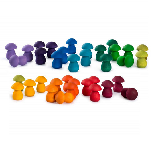 Grapat Mandala Rainbow Mushrooms | 36 Pieces in 12 Rainbow Colours | Natural Wooden Toys | Front View | BeoVERDE Ireland