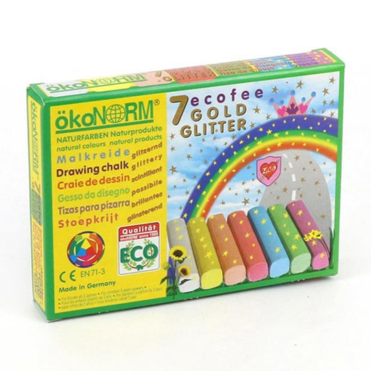 okoNORM Kids’ Natural Drawing Chalks with Gold Glitter | Vegan & Eco-Friendly | 7 Colours | Box Closeup | BeoVERDE.ie