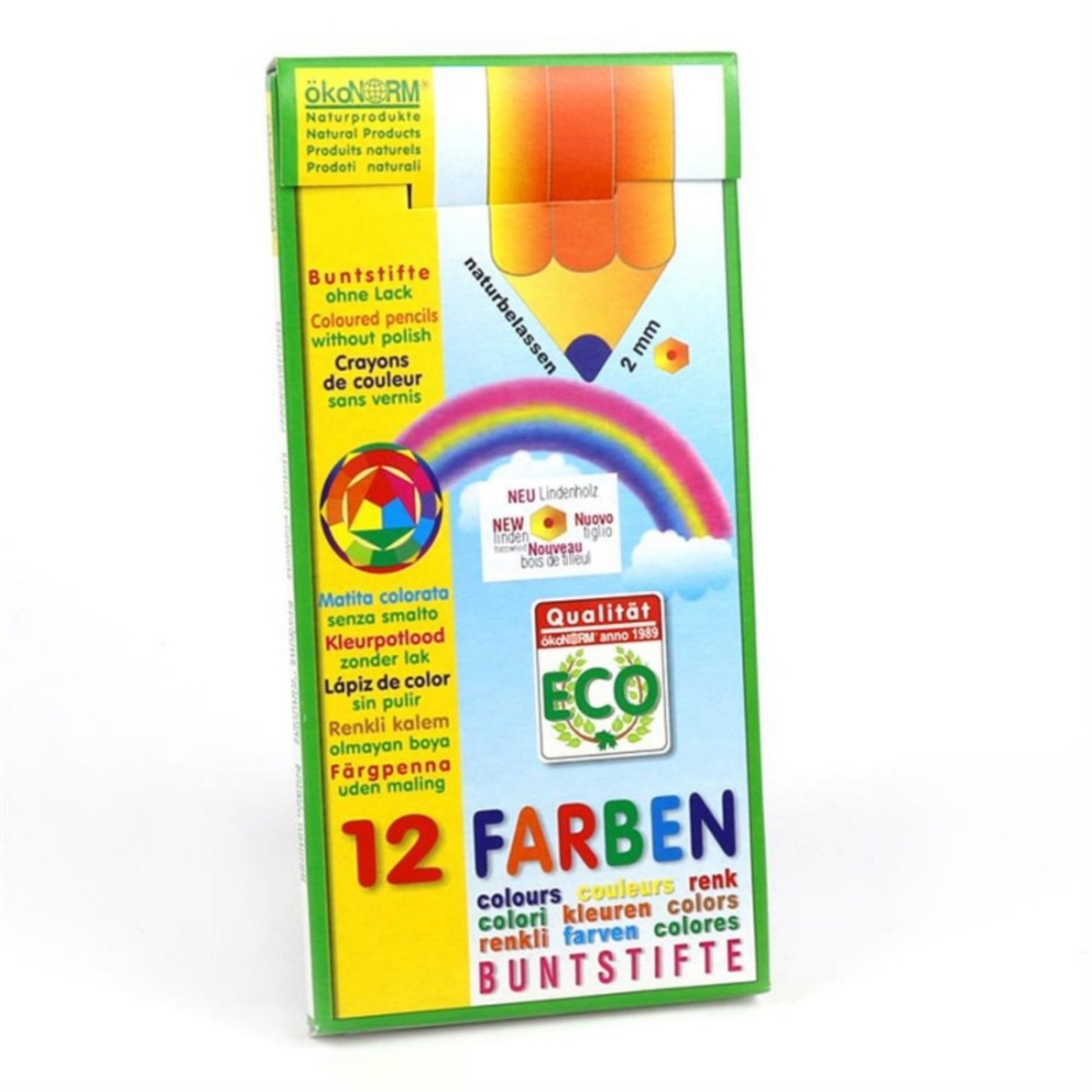 Non-Toxic Wooden Coloured Pencils | 12 Vibrant Colours | Box Closeup | BeoVERDE.ie