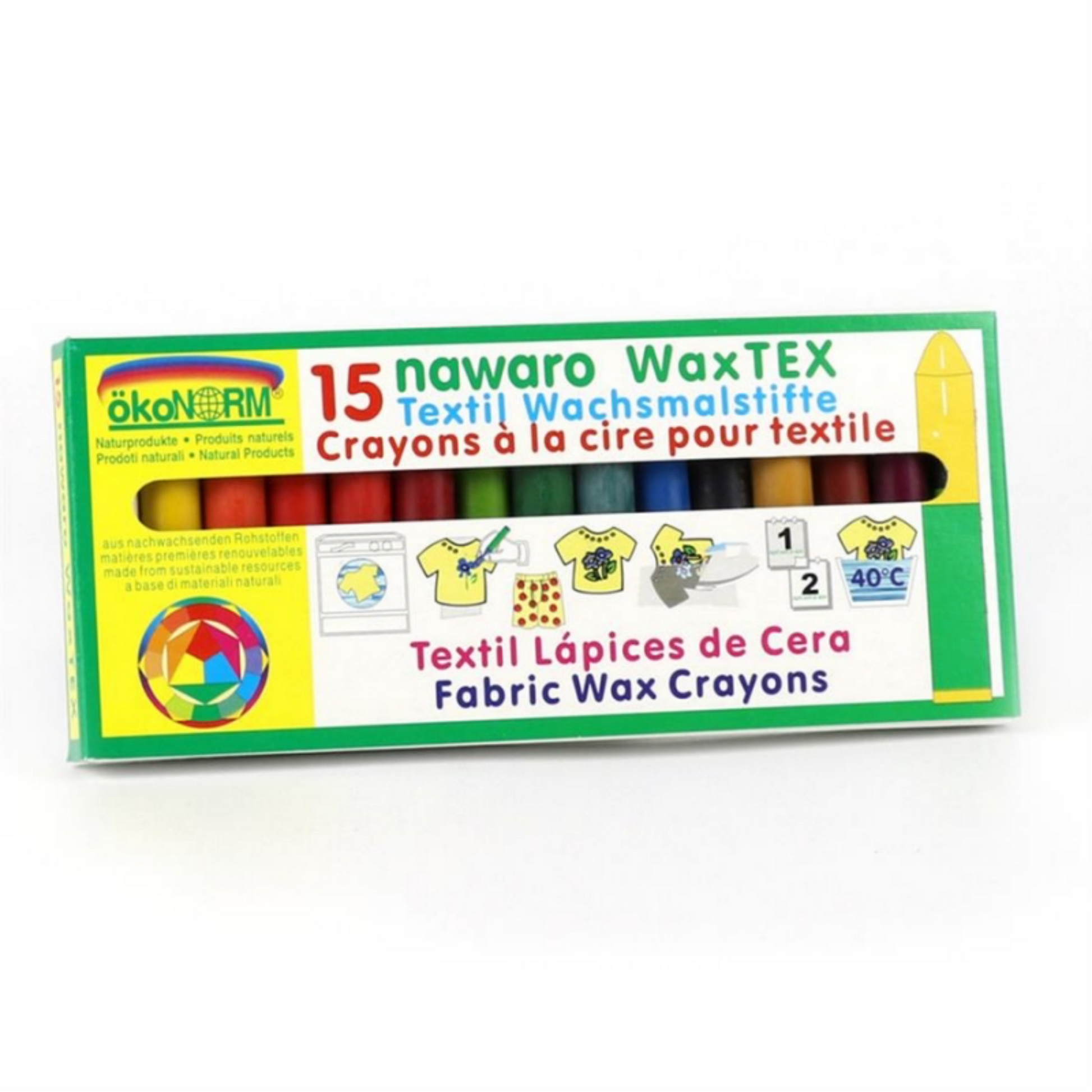 okoNORM Natural Textile Wax Crayons, 15 Vibrant Colours