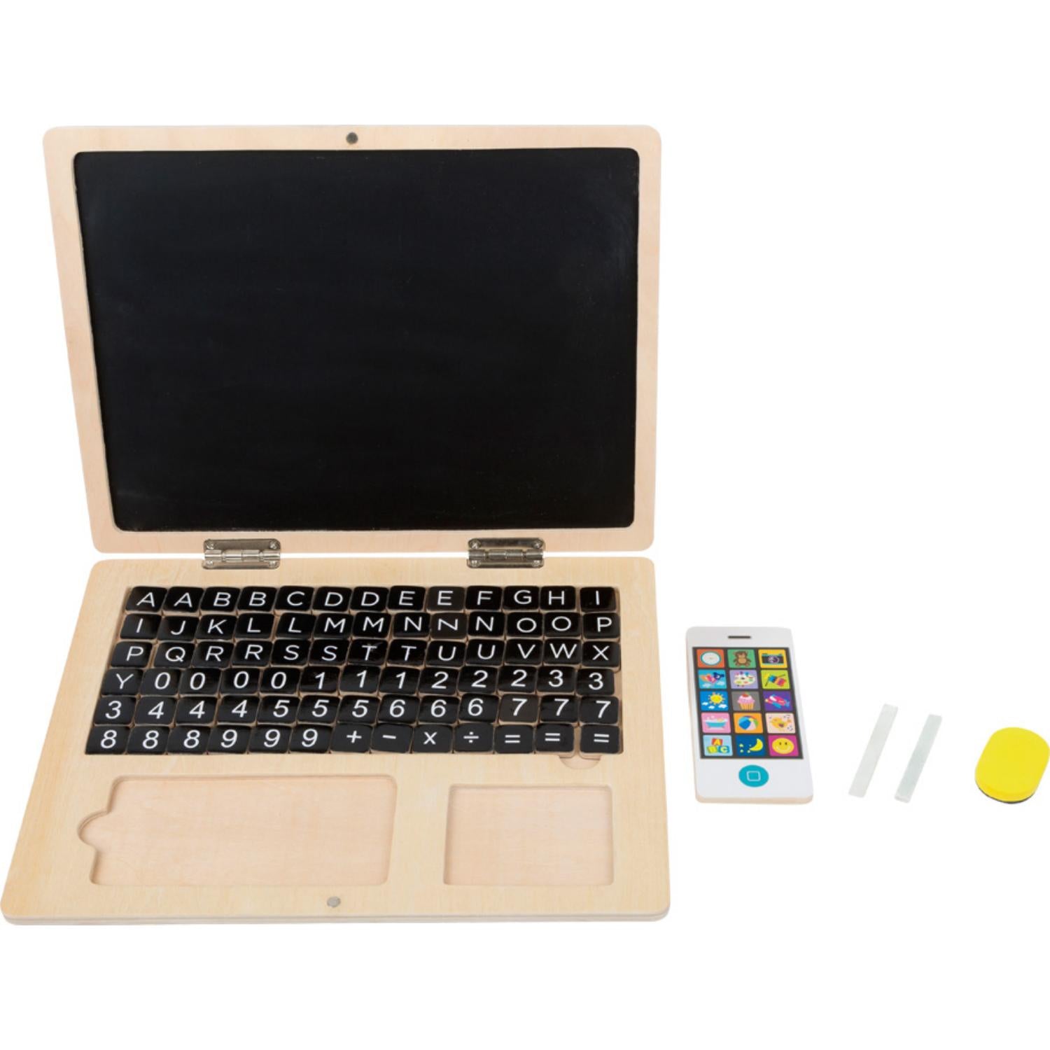 Small Foot 2-in-1 Magnetic Wooden Blackboard Laptop | Wooden Educational Toy | Front View: All Items | BeoVERDE.ie