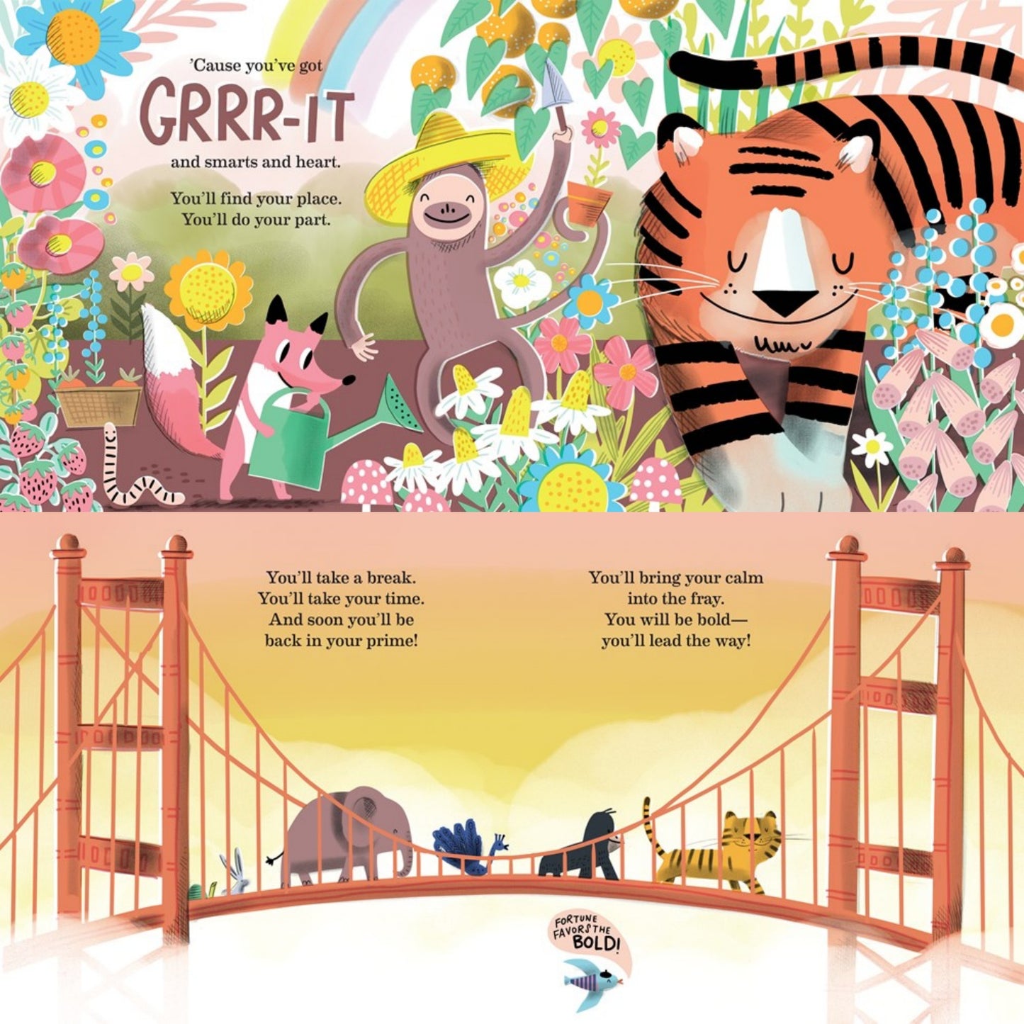 Go Get 'Em, Tiger! | Children's Picture Books on Self-Esteem | Abrams Appleseed | Two Sample Pages ‘On the Bridge’ | BeoVERDE.ie