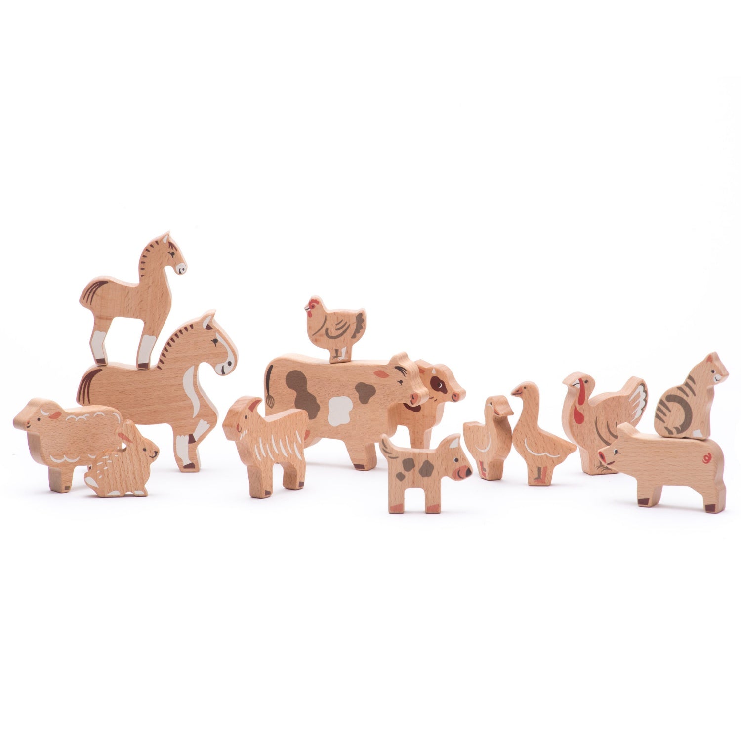 14 Natural Wooden Farm Animals | Hand-Crafted Wooden Toys | Bajo | Front View | BeoVERDE.ie