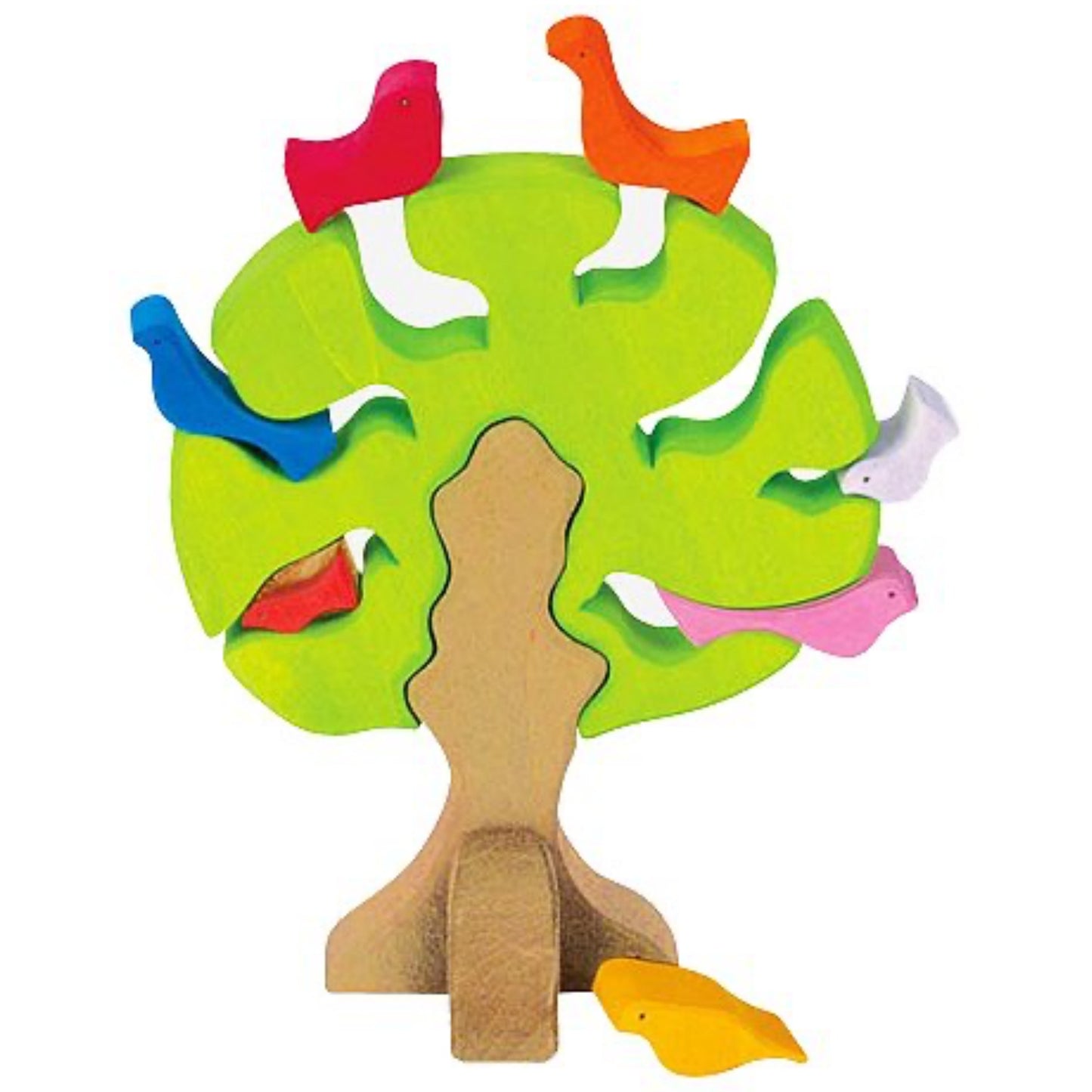 Gluckskafer Wooden Bird Tree Puzzle & Stacker | Imaginative Play Wooden Toys | Waldorf Education and Montessori Education | Front View – Birds on Tree | BeoVERDE.ie