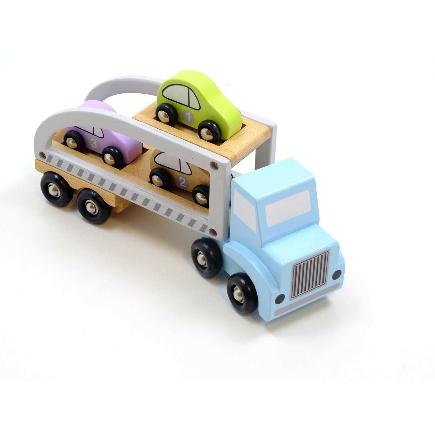 JaBaDaBaDo Car Transporter with 3 Cars | Wooden Imaginative Play Toy | Top-Side View | BeoVERDE.ie