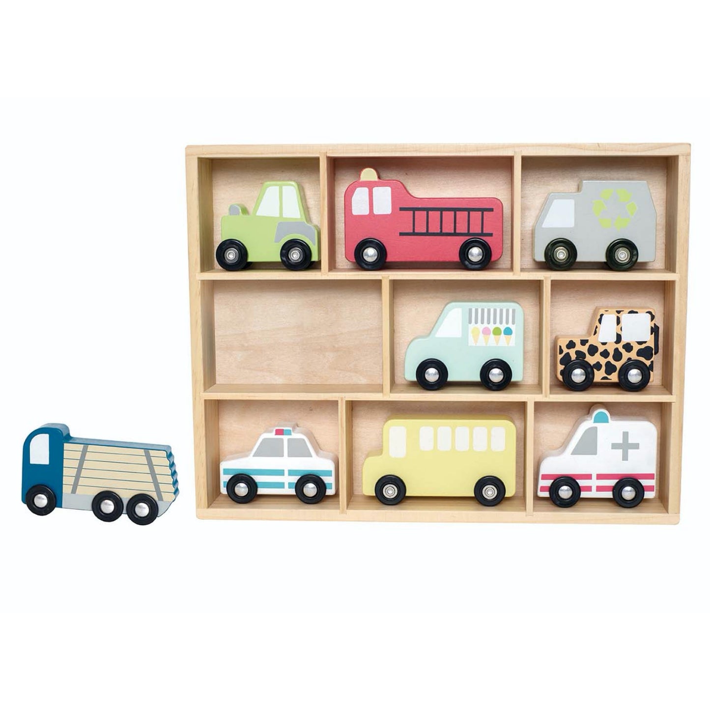 JaBaDaBaDo Wooden Cars Display Shelf With 9 Different Vehicles | Wooden Imaginative Play Toy | Front View – Lorry off shelf | BeoVERDE.ie