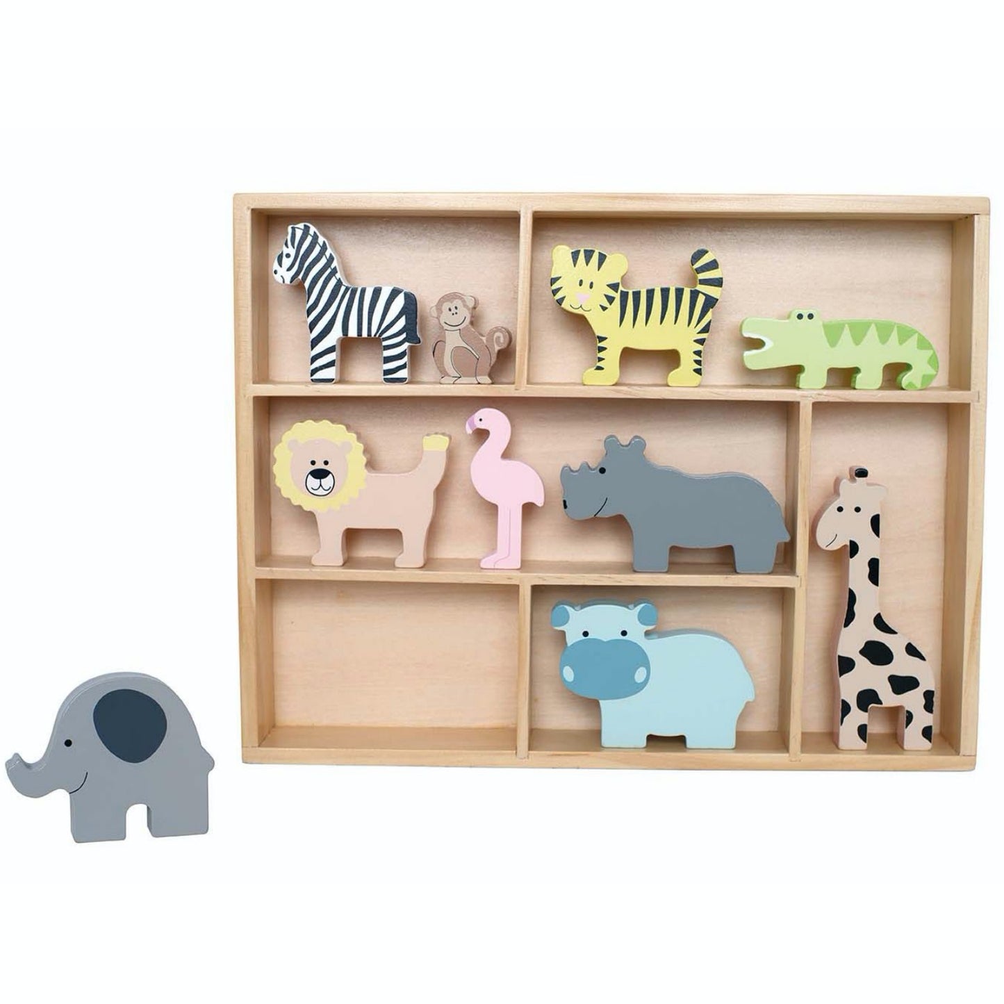 JaBaDaBaDo Wooden Animal Display Shelf With 9 Different Safari Animals | Wooden Imaginative Play Toy | Front View – Elephant off Shelf | BeoVERDE.ie
