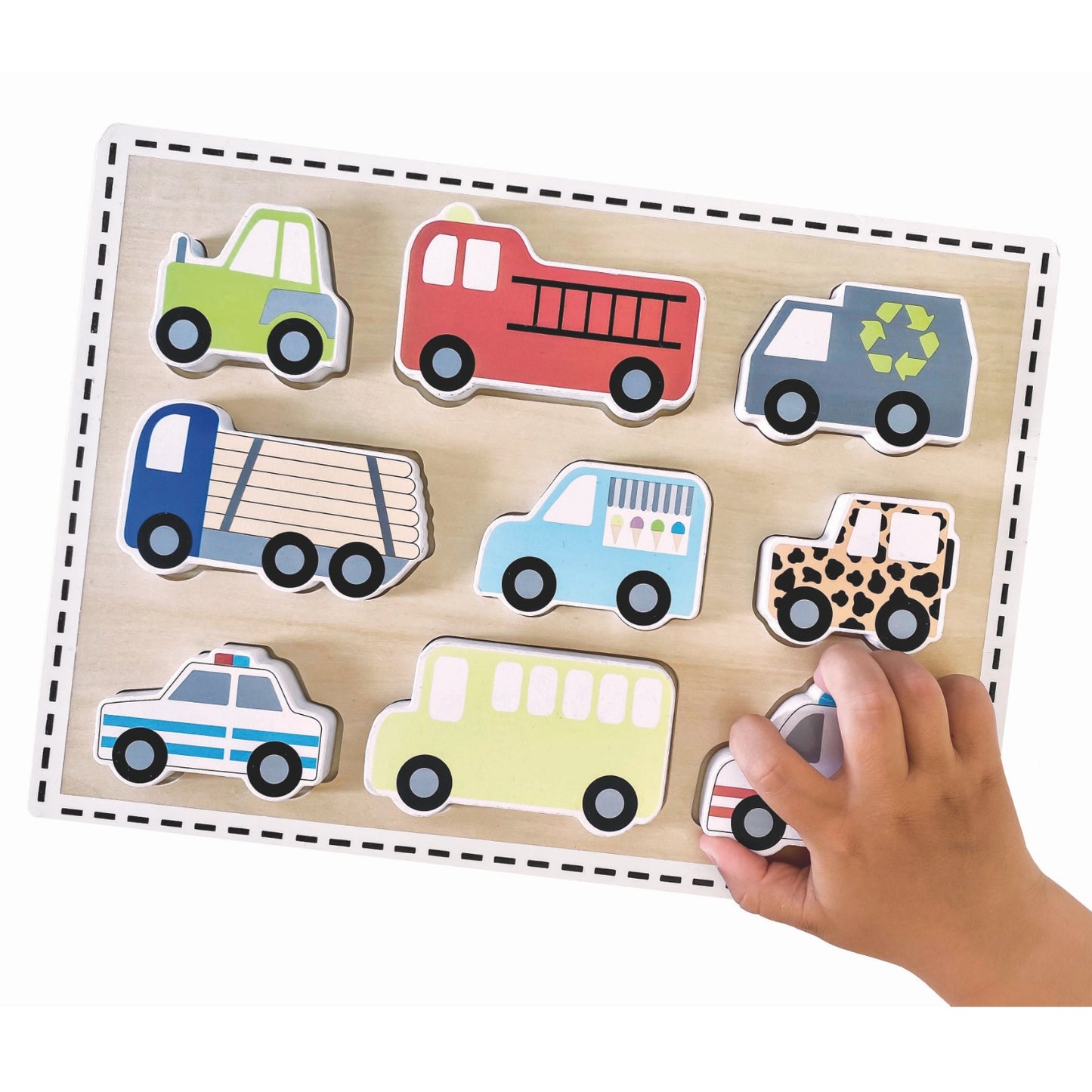JaBaDaBaDo Cars Puzzle With 9 Different Vehicles | Wooden Imaginative Play Toy | Front View and Child Hand Holding Car | BeoVERDE.ie