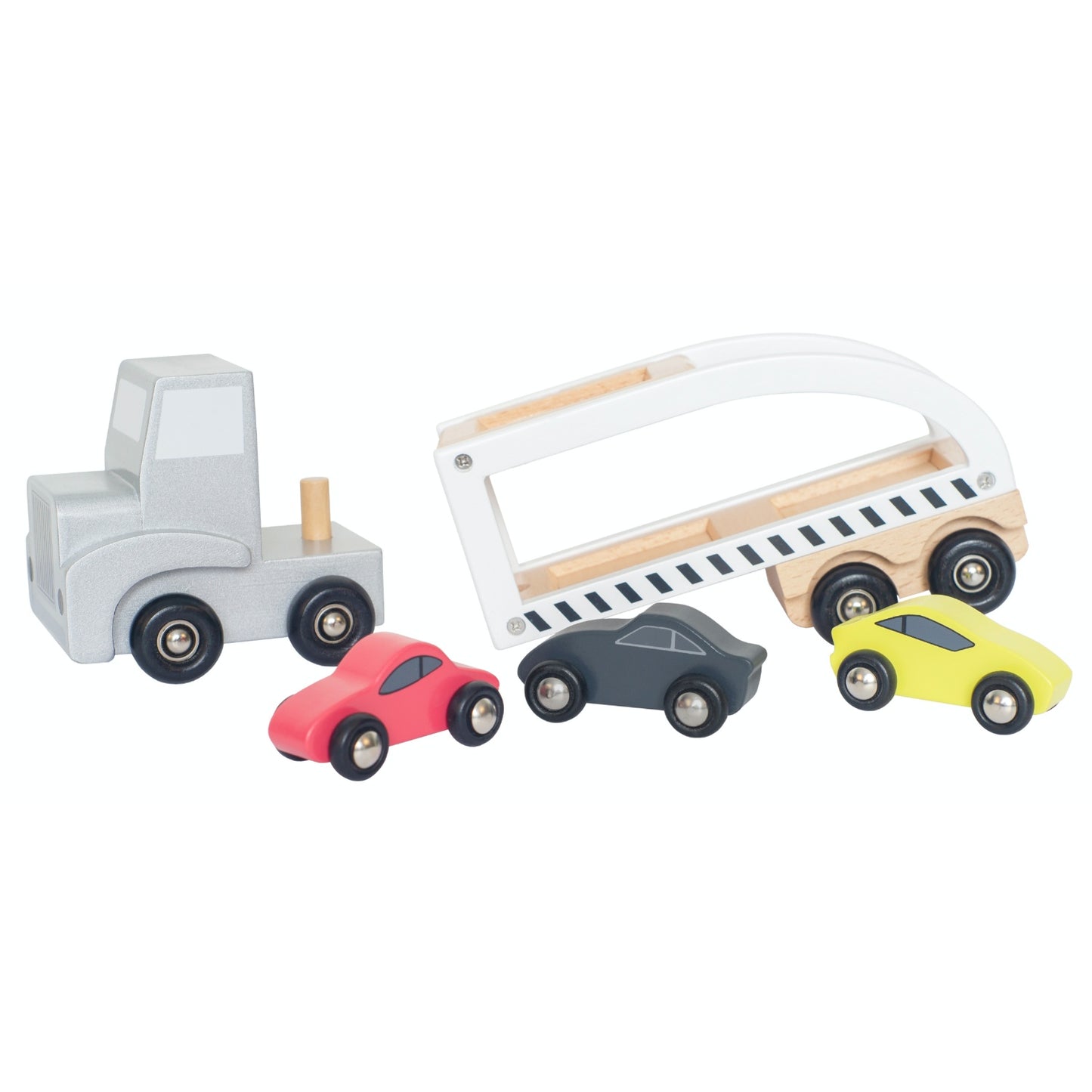 JaBaDaBaDo Car Transporter with 3 Sport Cars | Wooden Imaginative Play Toy | Side View  - Trailer Detached | BeoVERDE.ie
