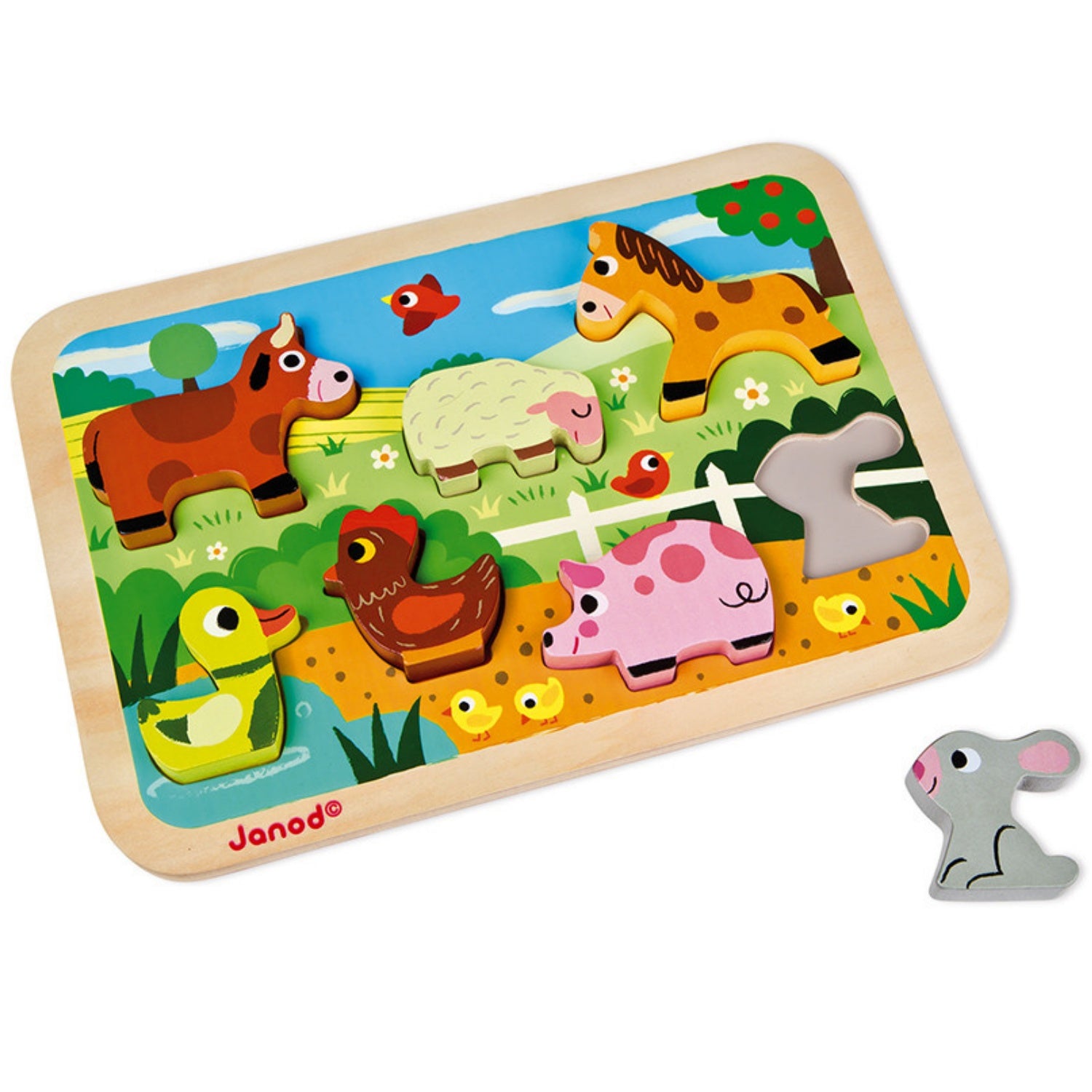 Janod Farm Puzzle With 7 Different Animals | Wooden Imaginative Play Toys | Rabbit Outside Tray | BeoVERDE.ie