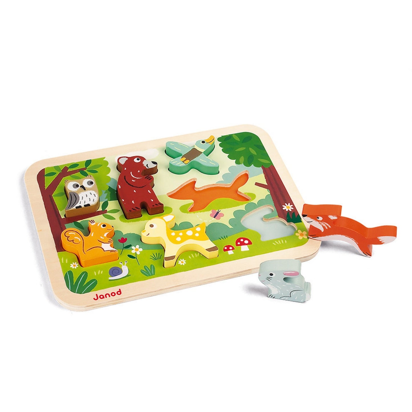 Janod Forest Puzzle With 7 Different Animals | Wooden Toddler Activity Toy | Rabbit Outside Tray | BeoVERDE.ie