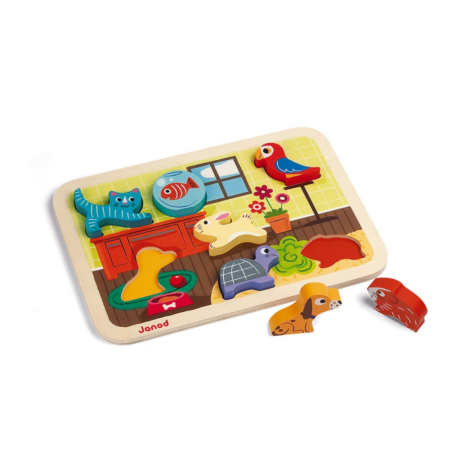 Janod Pets Puzzle With 7 Different Animals | Wooden Toddler Activity Toy | Hamster Outside Tray | BeoVERDE.ie