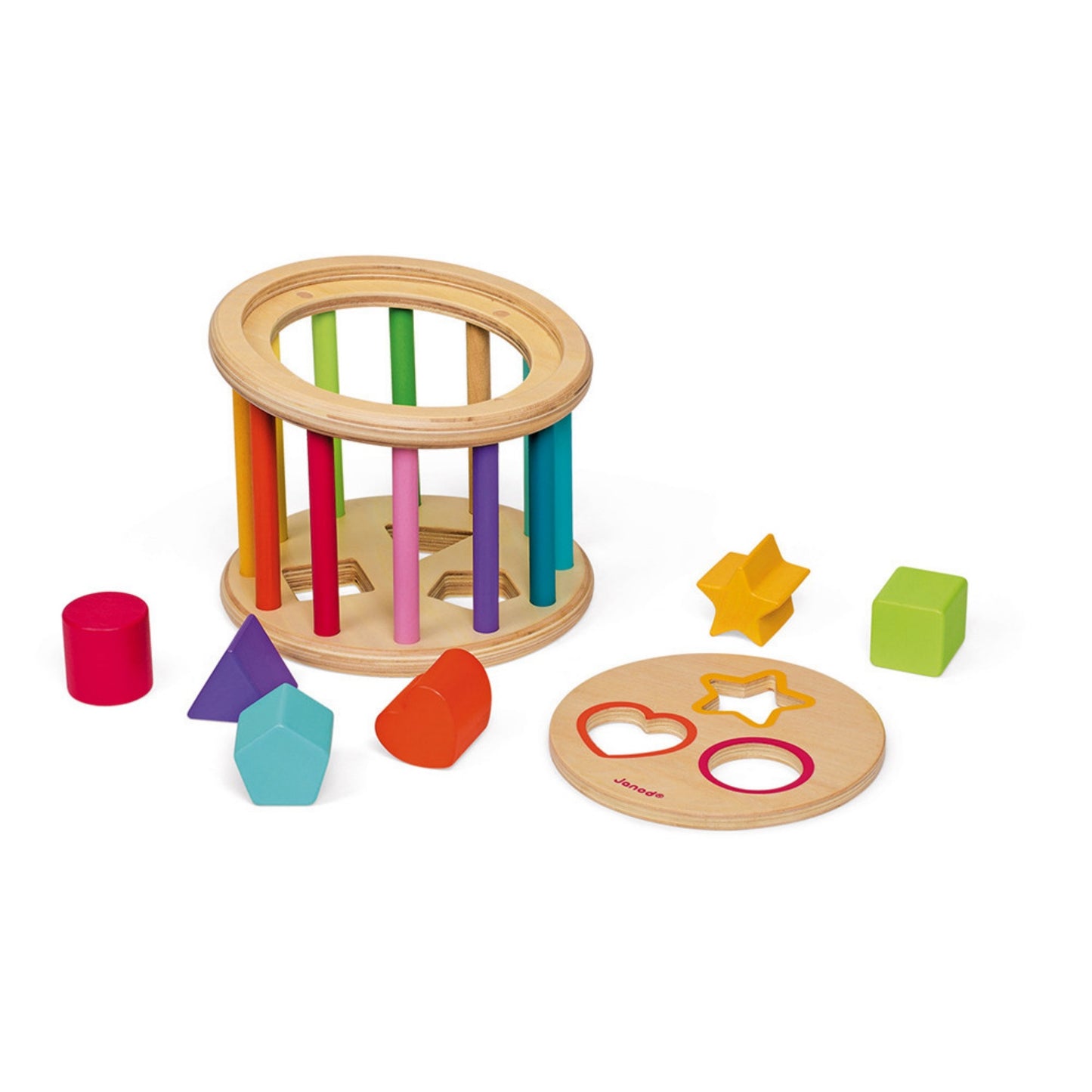 Janod Wooden Shape Sorter Drum | Baby and Toddler Activity Wooden Toy | Drum Open and Pieces Outside | BeoVERDE.ie