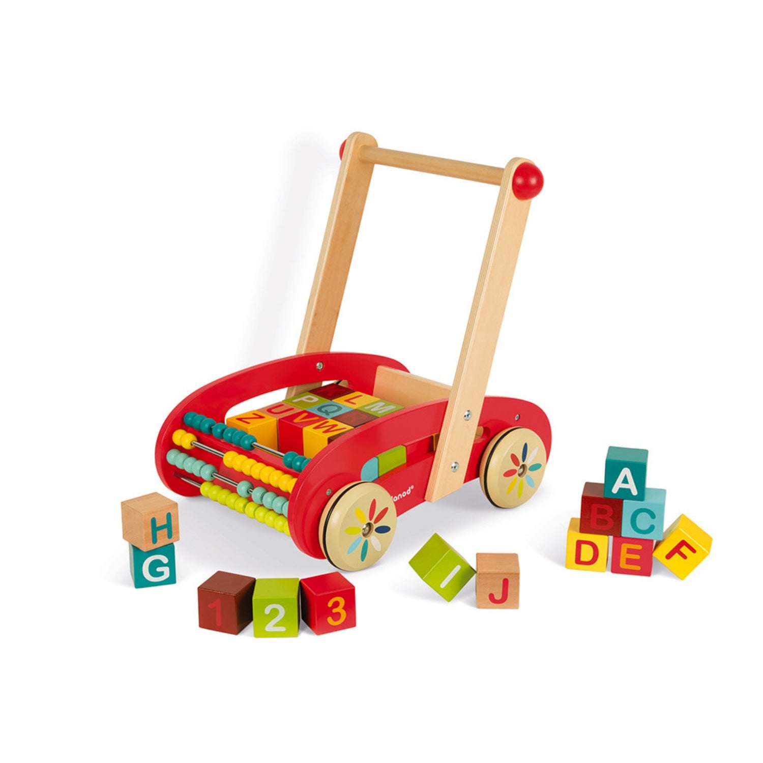 Trolley | Wooden Toddler Activity Toy | Front-Right Side View – Some Wooden Blocks Outside Cart | BeoVERDE.ie