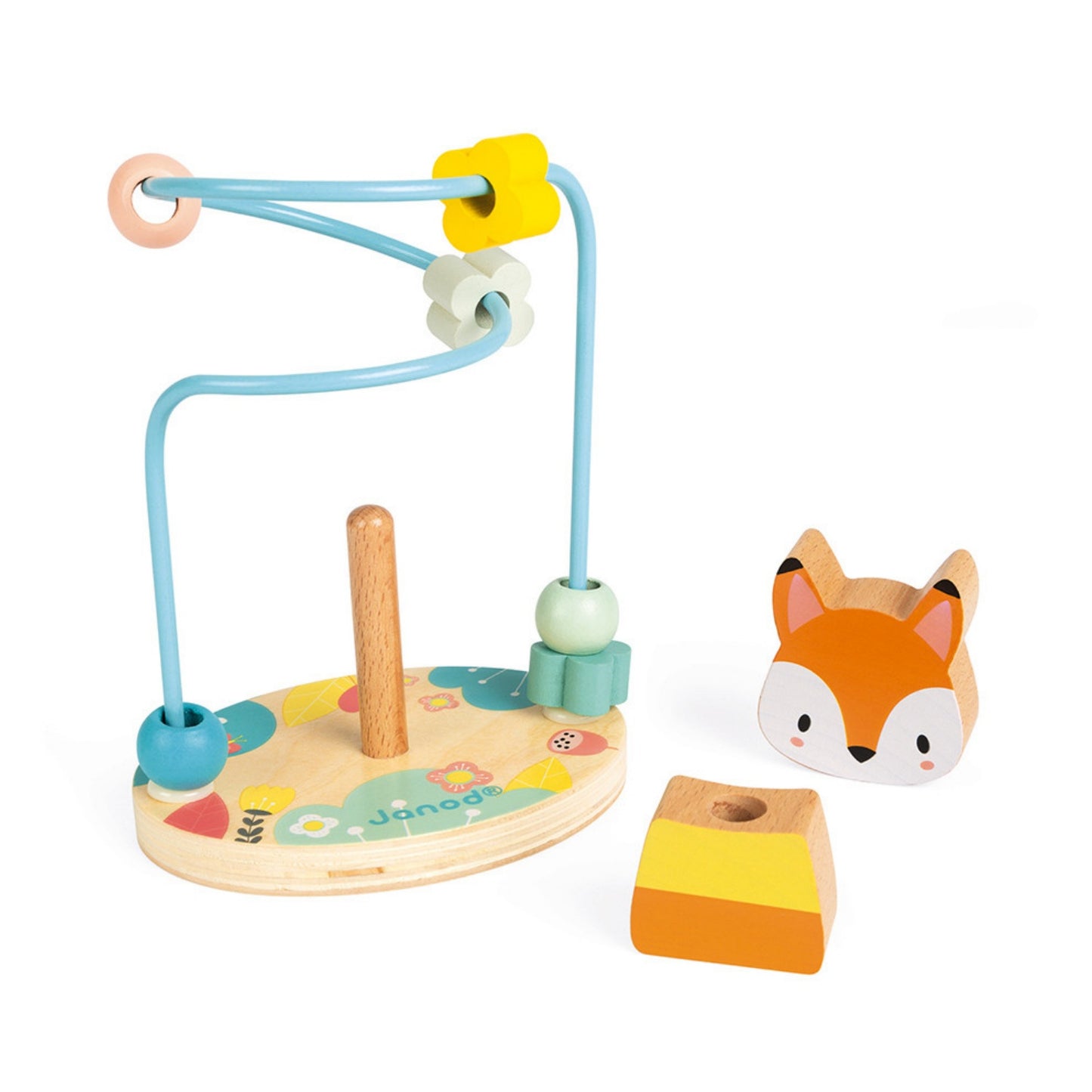 Janod Stackable Fox & Bead Maze | Wooden Toddler Activity Toy | Front View – Fox Disassembled | BeoVERDE.ie