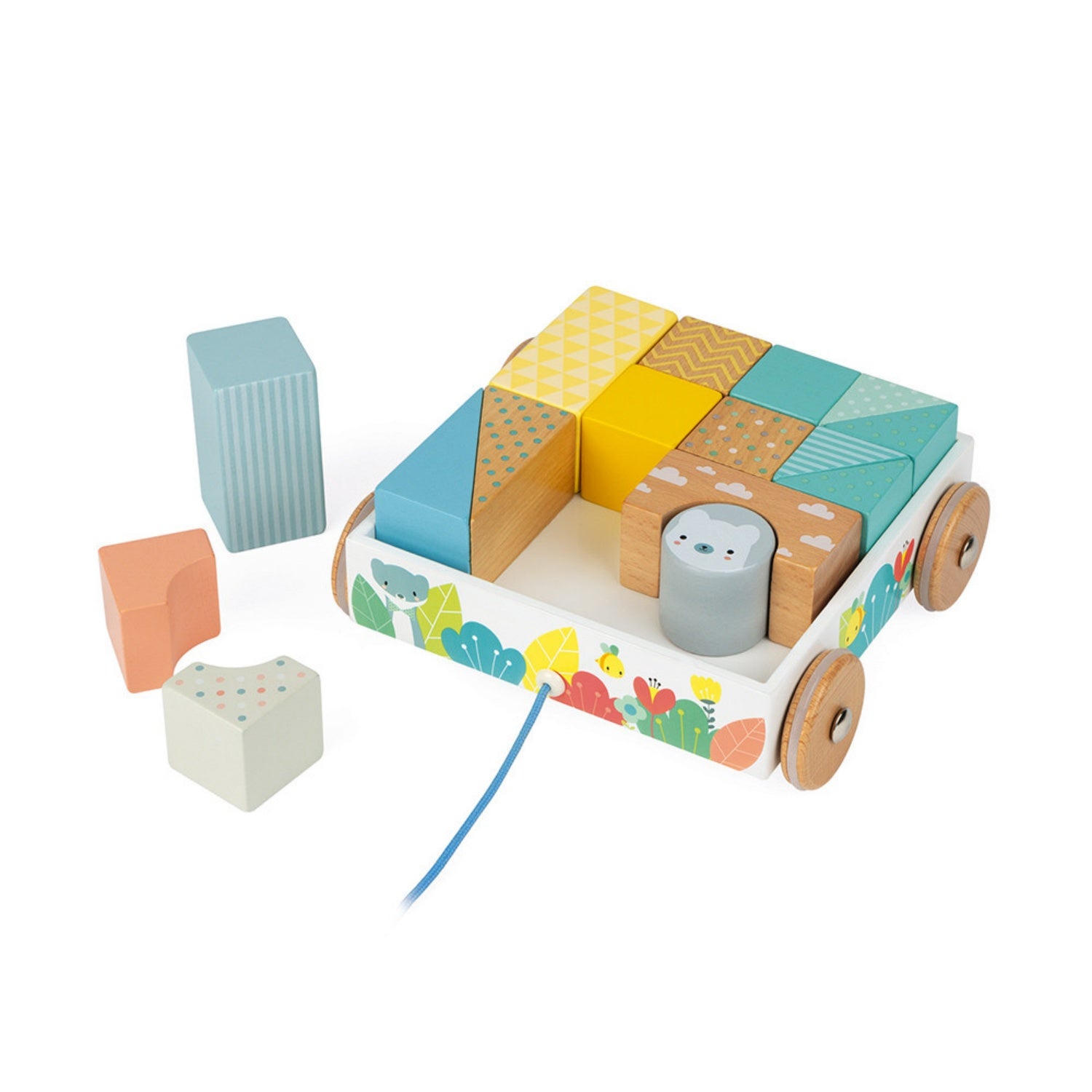 Blocks Cart | Wooden Toddler Activity Toy | Front Side View, 3 Blocks Outside | BeoVERDE.ie