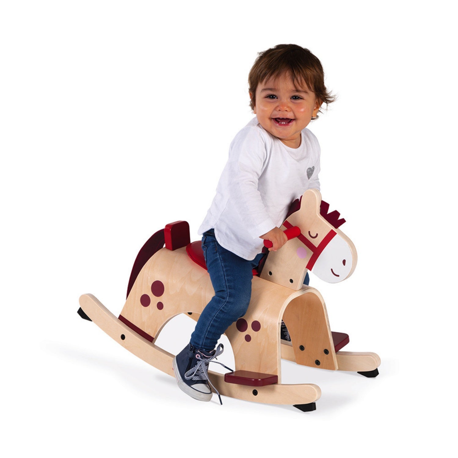 Janod Wooden Rocking Pony | Baby & Toddler Activity Wooden Toy | Lifestyle: Child Playing with Wooden Rocking Horse | BeoVERDE.ie
