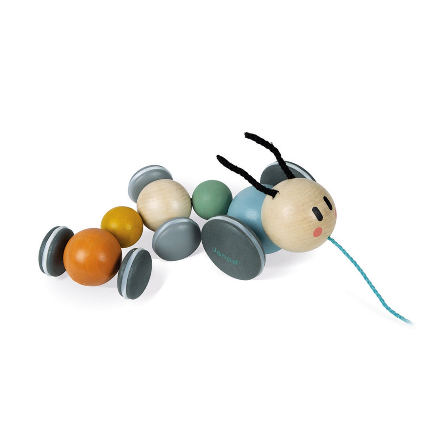 Janod Sweet Cocoon Pull-Along Caterpillar | Scandi Style Wooden Toddler Activity Toy | Top Right Side View | BeoVERDE.ie
