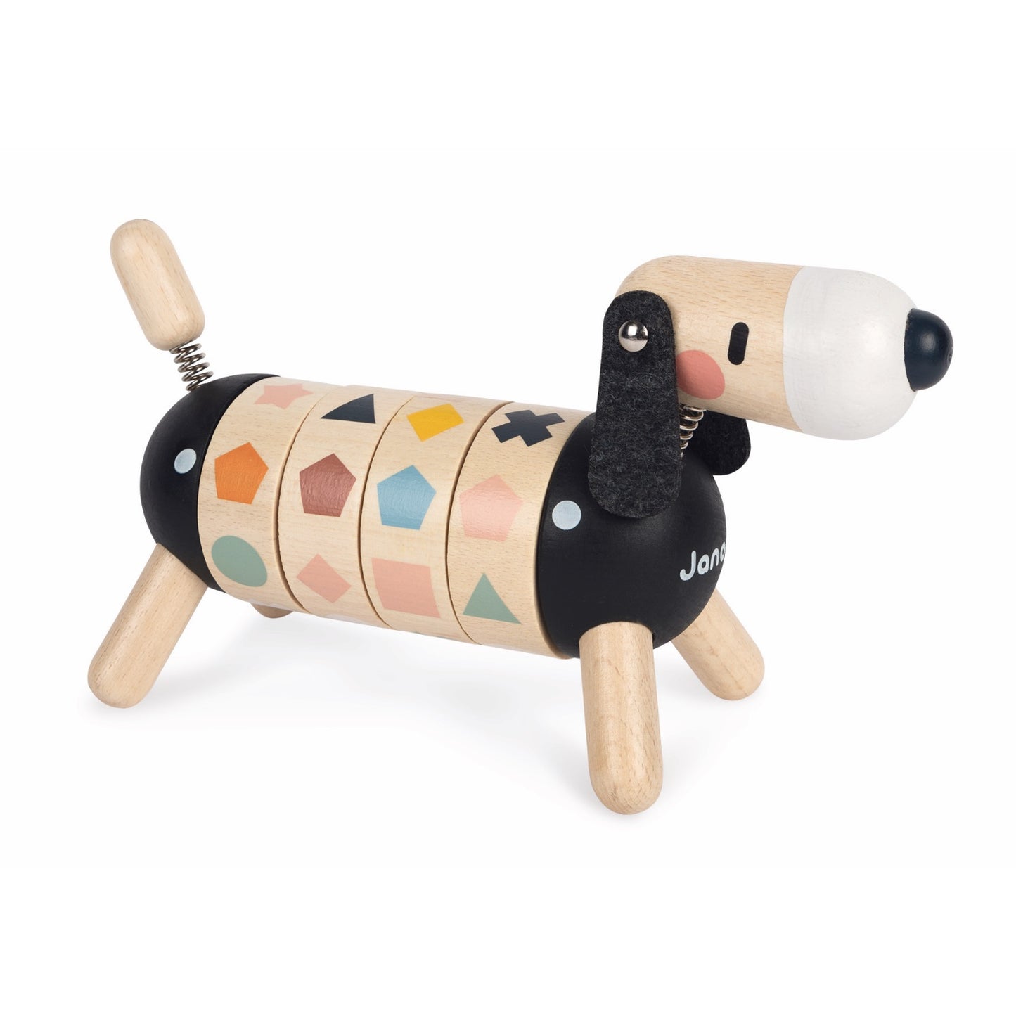 Janod Sweet Cocoon Shapes And Colours Dog | Scandi Style Wooden Toy | Front Right Side Shapes Lined-up | BeoVERDE.ie