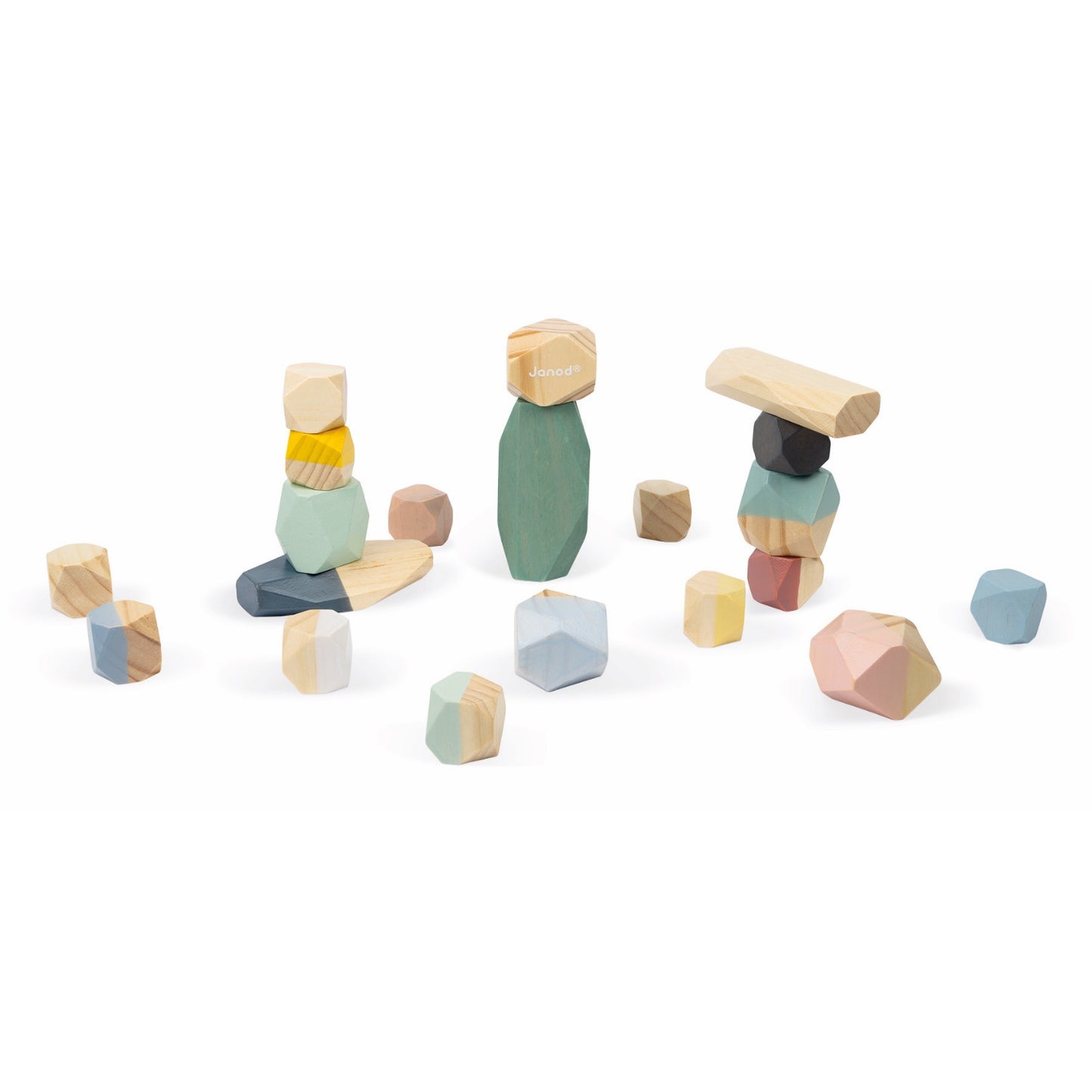 Janod Sweet Cocoon Stacking Stones | Scandi Style Wooden Toy | Front View Stones Partially Stacked Up | BeoVERDE.ie
