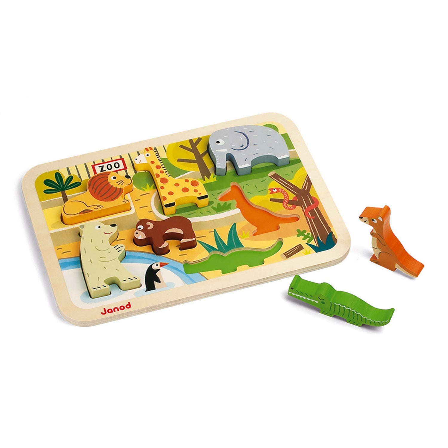 Janod Zoo Puzzle With 7 Different Animals | Wooden Toddler Activity Toy | Crocodile Outside Tray | BeoVERDE.ie